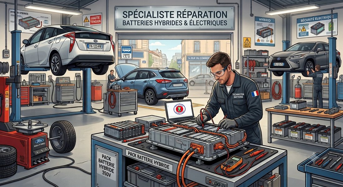 Atelier certifié France Hybride — technicien intervenant sur un pack batterie haute tension